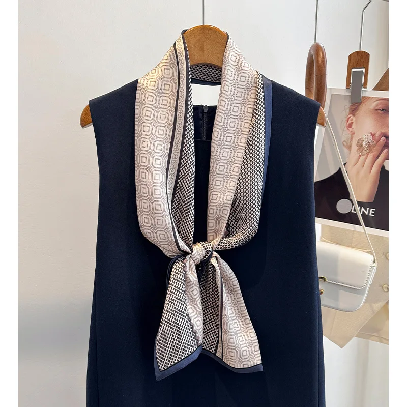 

100% Mulberry Silk Women’s Scarf Luxury Geometric Print Neck Scarves for Office Lady Fashion Bandana Headscarf Handbag Accessory