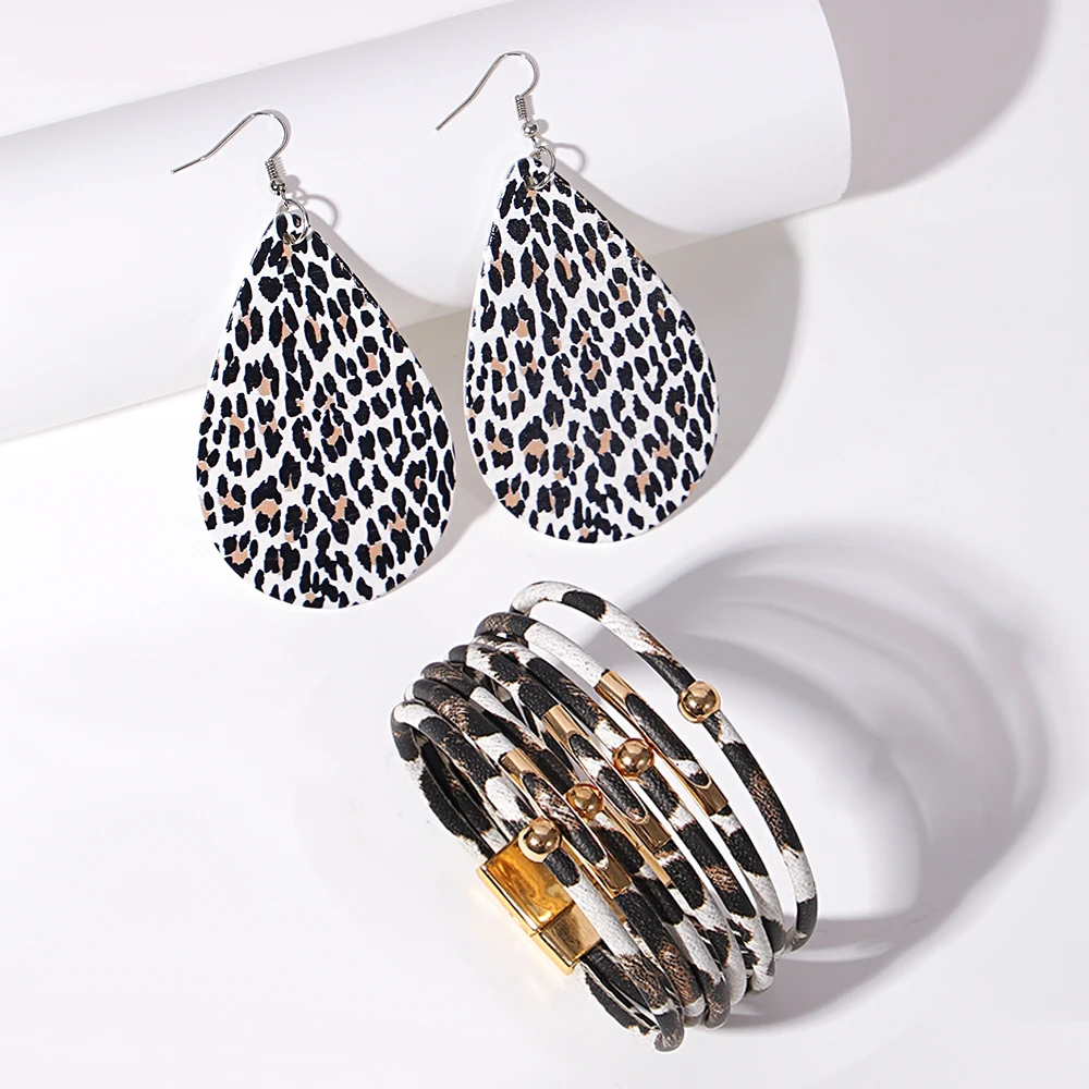 ALLYES Vintage Leopard Earrings Leather Bracelet for Women Bohemian Multilayer Wrap Wide Bracelets Earrings Jewelry Gifts