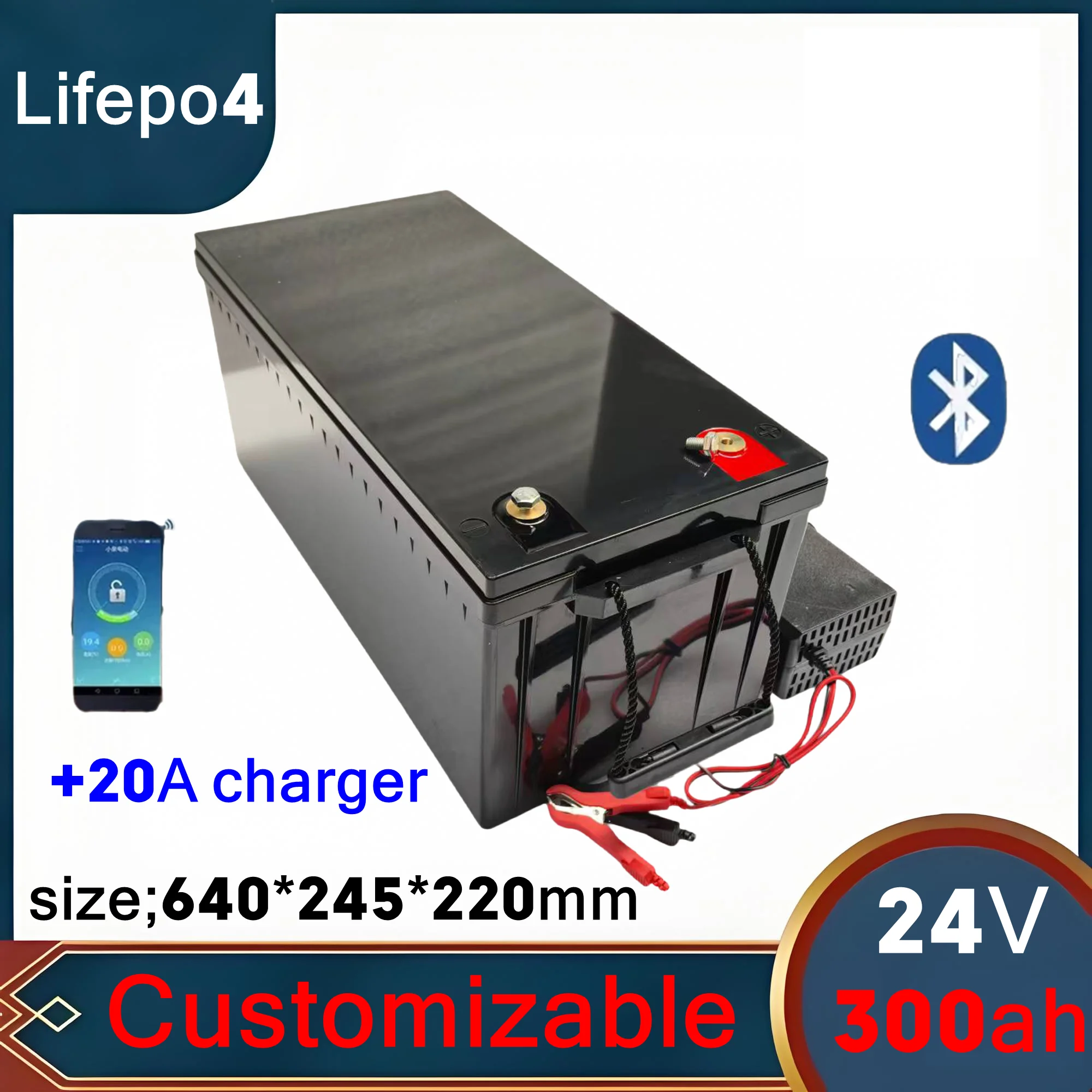 LT- Lithium LiFePO4 Étanche, 24V, 300Ah, avec Bluetooth, pour Systèmes Solaires Onduleurs 2400W, Voiturette de Golf, Chargeu