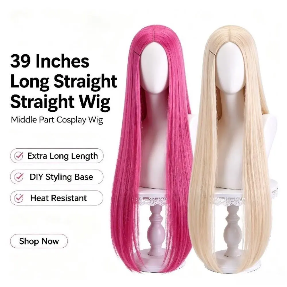 39Inch Long Straight Cosplay Wig Centre Parting Split Yellow Pink Heat Resistant Synthetic Hair Wigs Women Halloween Christmas