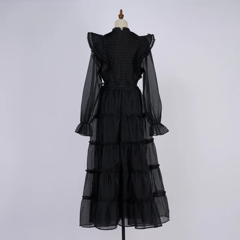 Vestido Longo E com Gola de Babados e Barra em Camadas em 5 Cores Moda Primavera 2025 Gola Alta Manga Longa Outro Mate...