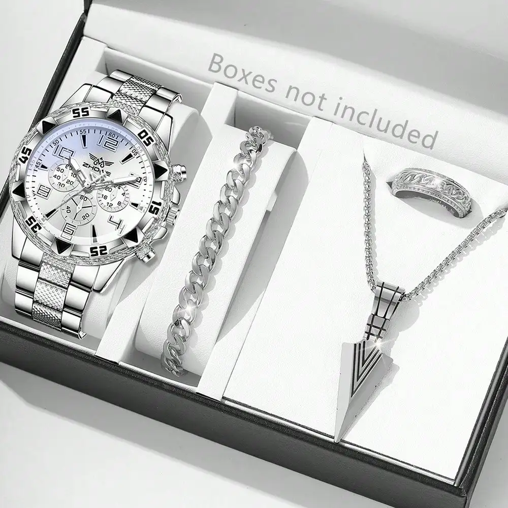 

4 шт., серебряные мужские модные повседневные кварцевые часы со смешанной шкалой, браслет, ожерелье, набор колец, подходят для украшения повседневного ношения