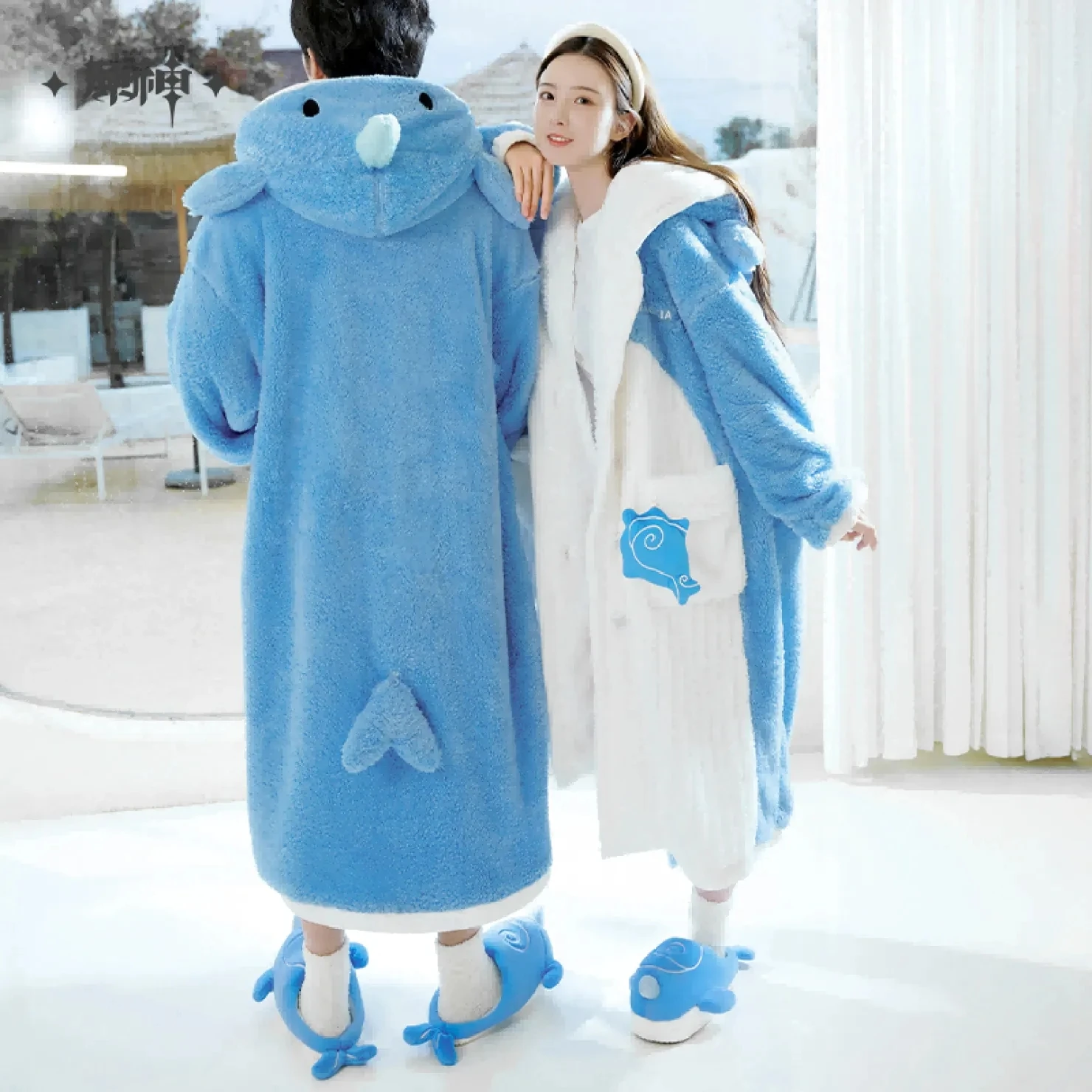 [Genuine] Game Genshin Impact Tartaglia Sky Whale Plush Hooded Pajamas Childe Cosplay Coral Velvet Long Robe Anime Homewear Xmas