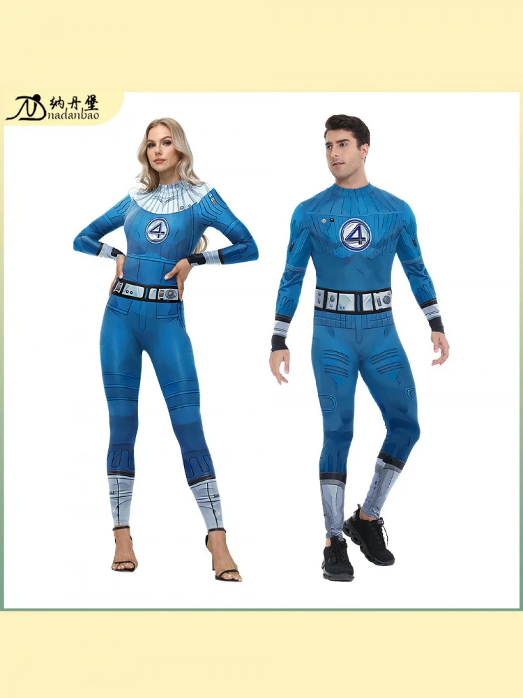 Nowy strój dla dorosłych do odgrywania ról, obcisłe ubrania, Halloween, kombinezon, obcisłe spodnie, kostium superbohatera Fstic Four, materiał z jedwabiu mlecznego