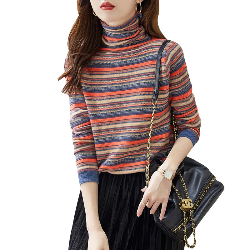 2022 Autumn Winter New Turtleneck Colorfull Striped Pullovers Sweaters Korean Style Bottoming Knitted Tops Female Clothing