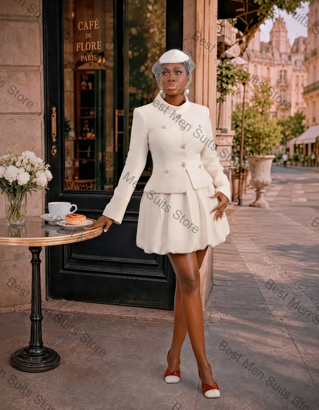 White Tweed Women Suit Skirt Set 2 Pcs Blazer+Short Mini Prom Dress Formal Office Jacket Customized Wedding Tuxedo Guest Coat