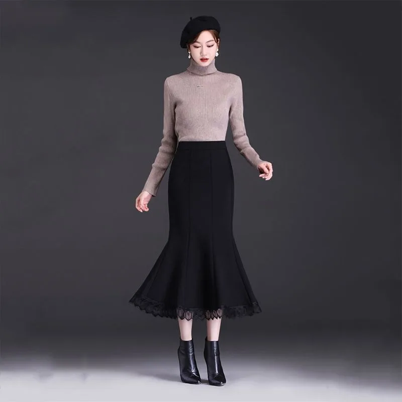 

Женская новая весенне-осенняя тонкая юбка на бедрах с кружевным краем и рыбьим хвостом