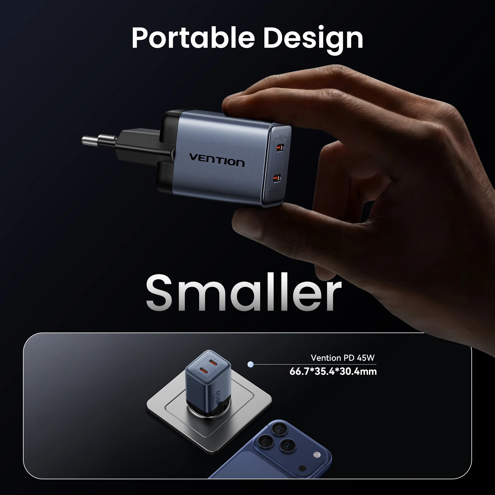 Szybka ładowarka Vention 45W Type C USB C GaN do iPhone 17, Samsung S25, S24, POCO, Xiaomi 17, ładowarka USB C, przenośna ładowarka — zdjęcie produktu 3