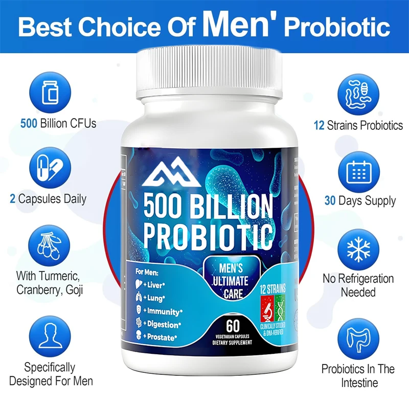 

Men's probiotics, 500 billion CFU containing turmeric, cranberries, and goji berries, promote digestive health and bloating