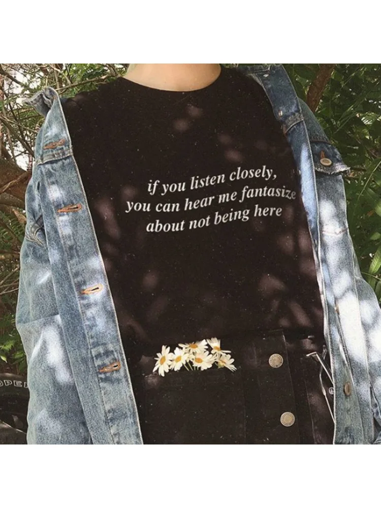 Если вы слушаете, что ты не солышал меня Фантазия Черная футболка Tumblr Летняя мода Гранж 90-х Эстетическая футболка Женская футболка