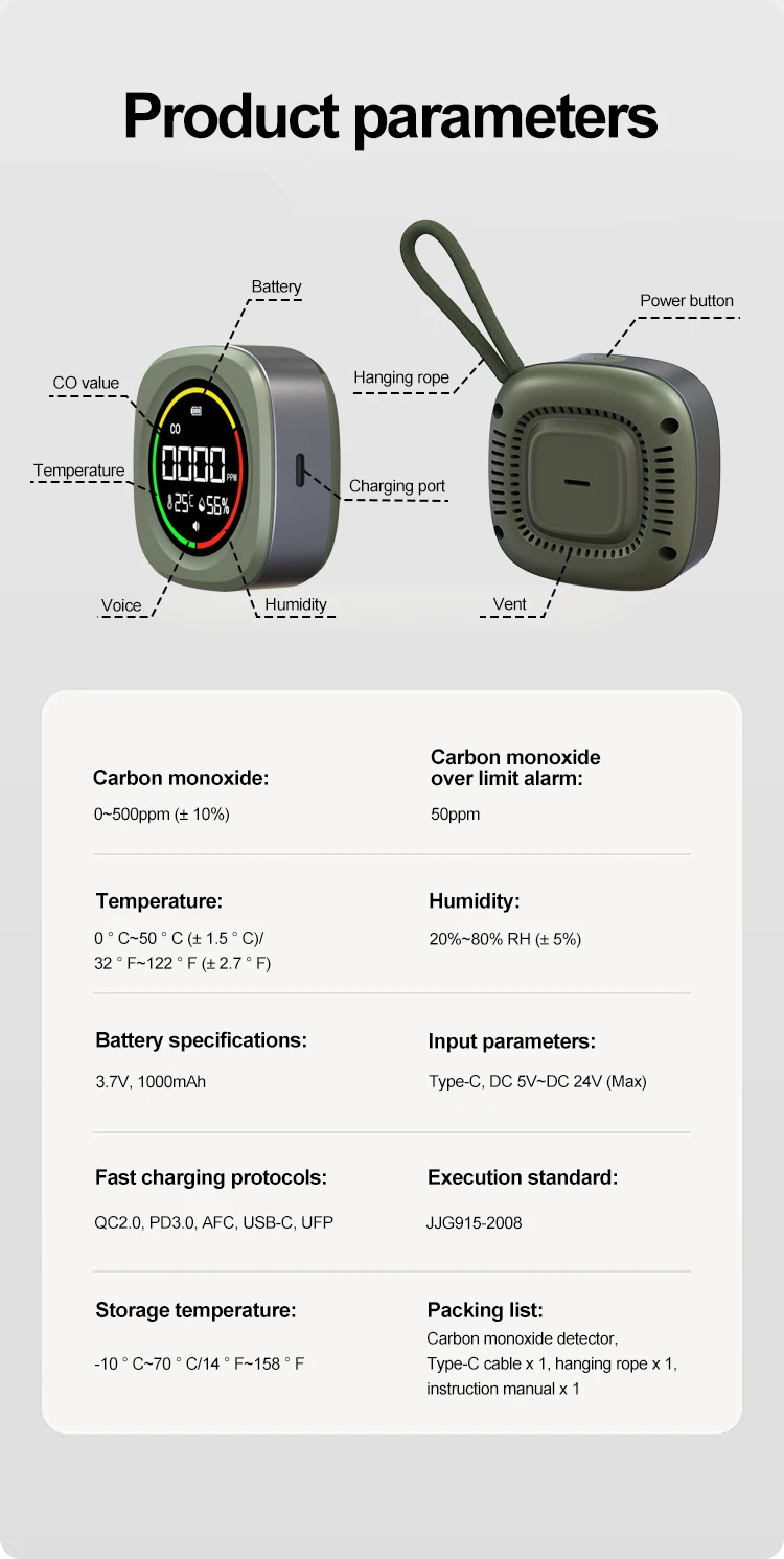K5 3-in-1 Portable Carbon Monoxide Detector CO Air Quality Portable Monitor HD L