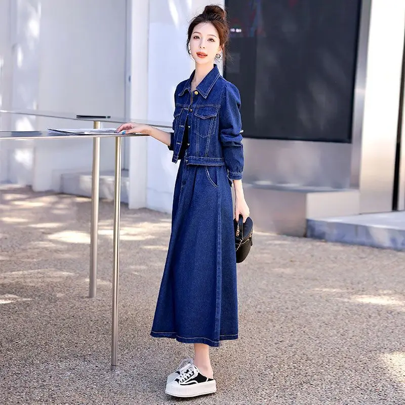 Women Blue Denim Skirt Sets Spring Autumn Casual Short Jeans Jacket + Elastic High Waist Skirt Two-Piece Set Ladies Elegant Suit