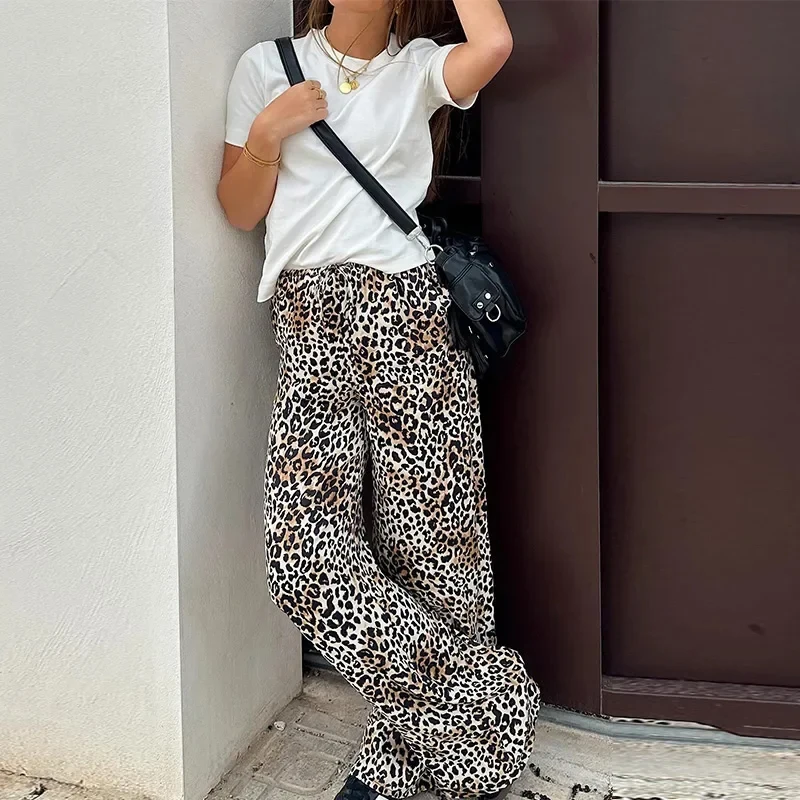 Y2k Leopard Print High Waist Wide Leg Pants For Women Fashion Causal Loose Lace Up Trousers Female Summer Streetwear