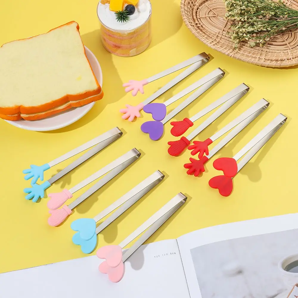 Creative Silicone Stainless Steel Mini Snack Food Tongs Non-slip Handles BBQ Bread Ice Cube Clip Kitchen Accessories