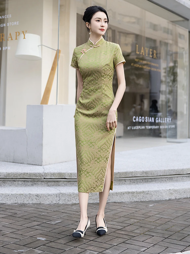 

Летнее платье-ципао с высоким воротником, длинное, для повседневной носки, комфортное, дышащее, из полиэстера, с коротким рукавом, миди.