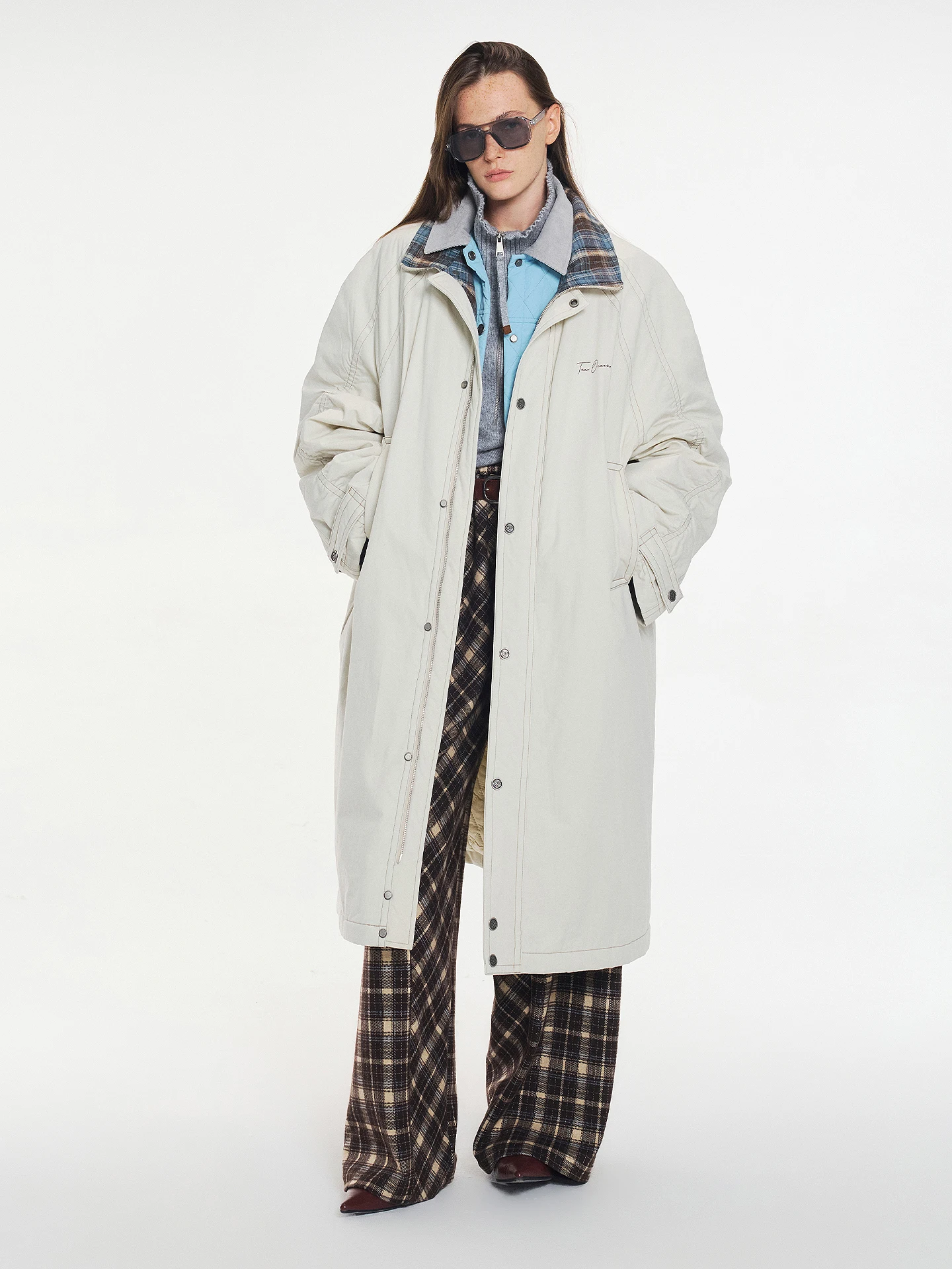 

TearOcean Pure Cotton Long Loose Workwear Jaet Women's Stand Collar Patchwork Plaid Outerwear Autumn Winter Commute Simple ...