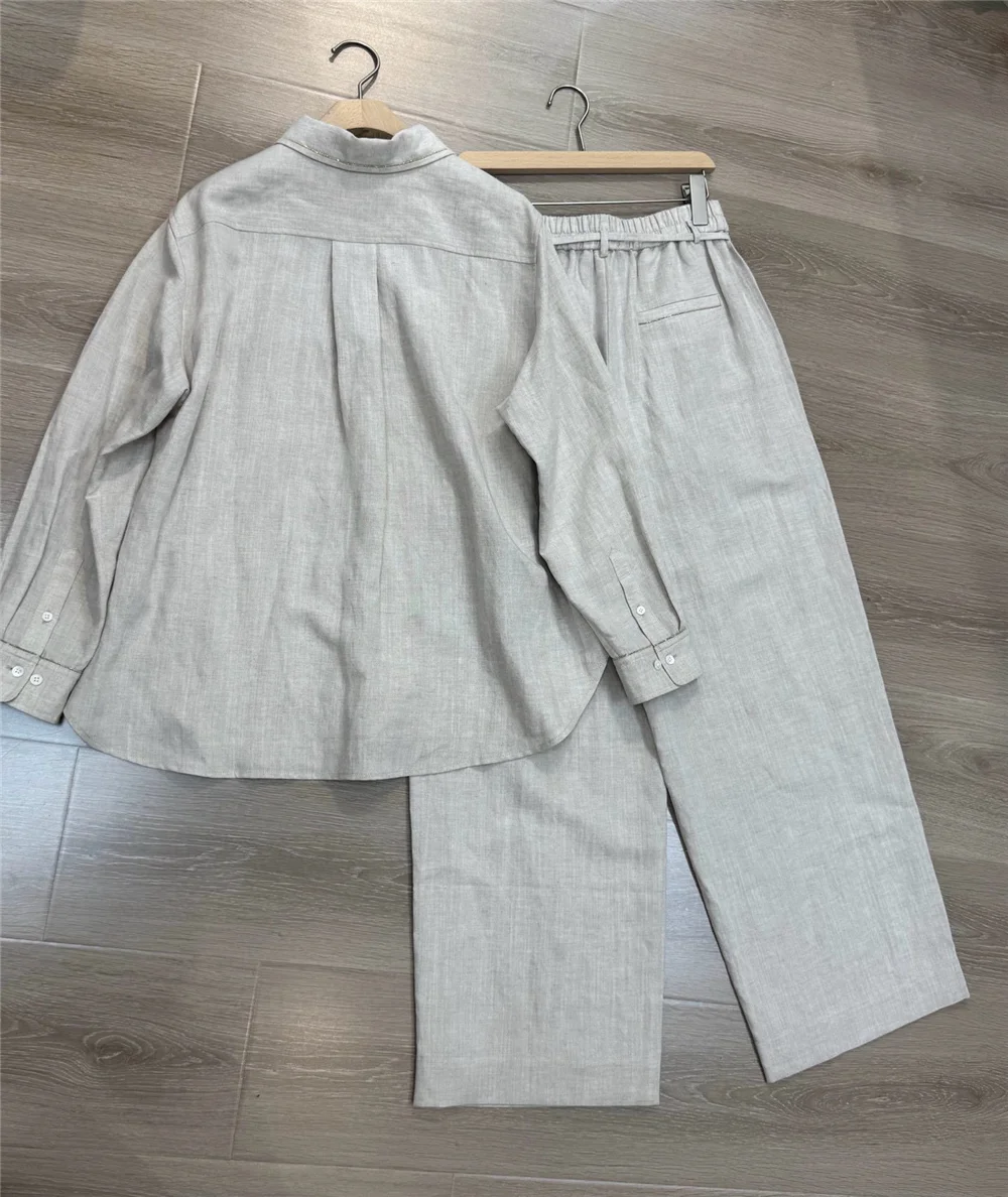 Women's Lape Long-Sleeve Shirt /Casual Shorts/High-Waisted Straight-Leg Pants 3 Piece Set