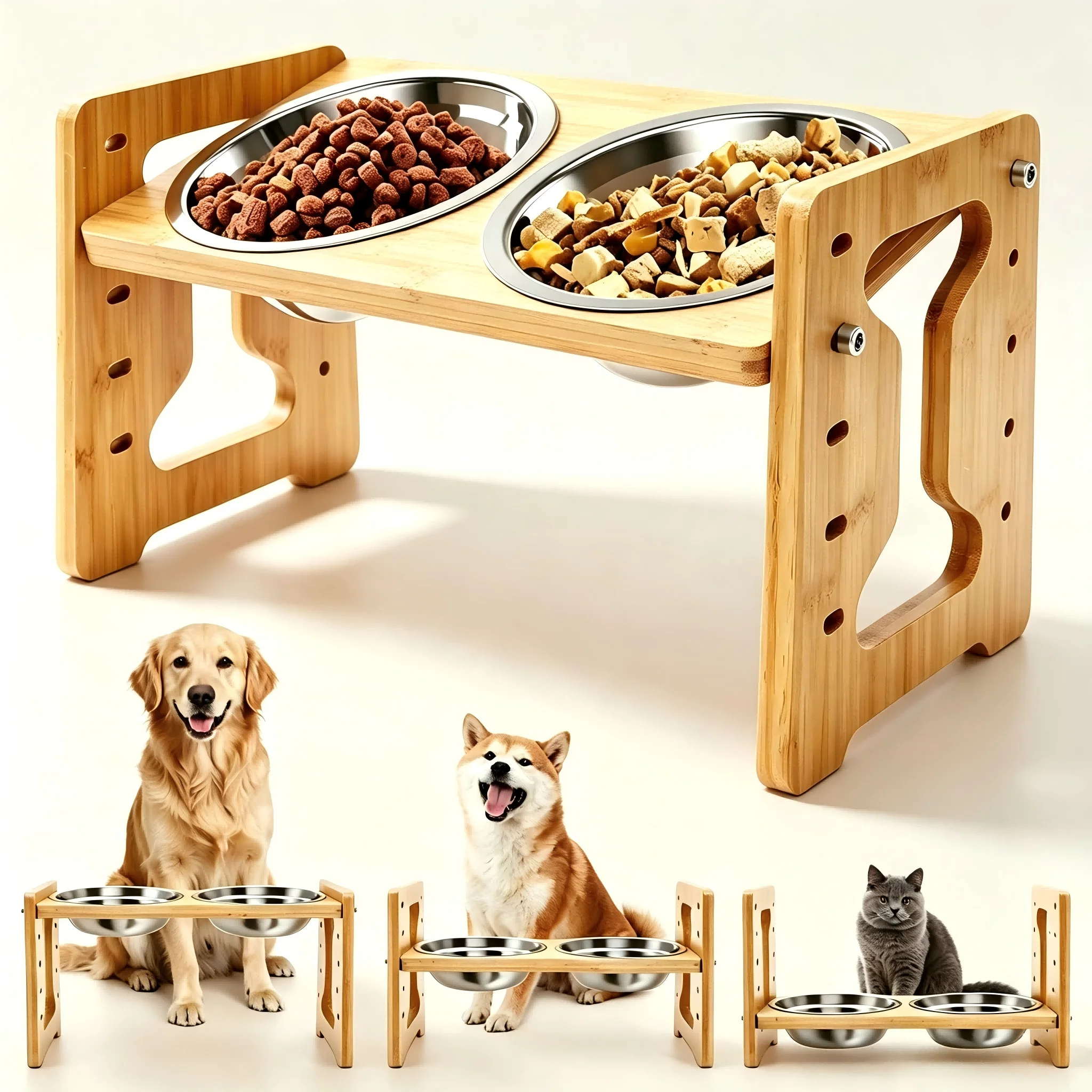 Wooden Elevated Dog Cat Feeder Stand Adjustable Raised Double Stainless Steel Bowls 15°Tilt Anti Slip Pet Food Water Bowl