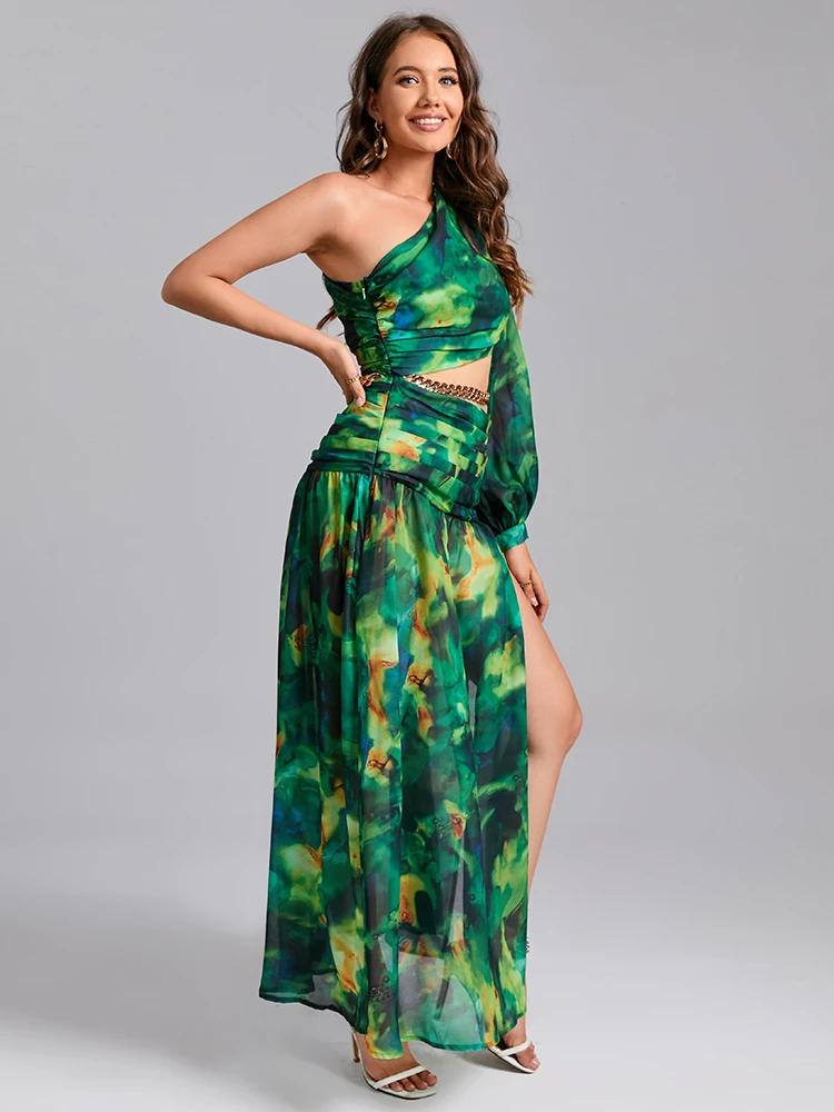 Vestido feminino de um ombro até o tornozelo, estampa exclusiva inspirada em tie-dye, manga bufante, recorte para festas de verão, passeios casuais