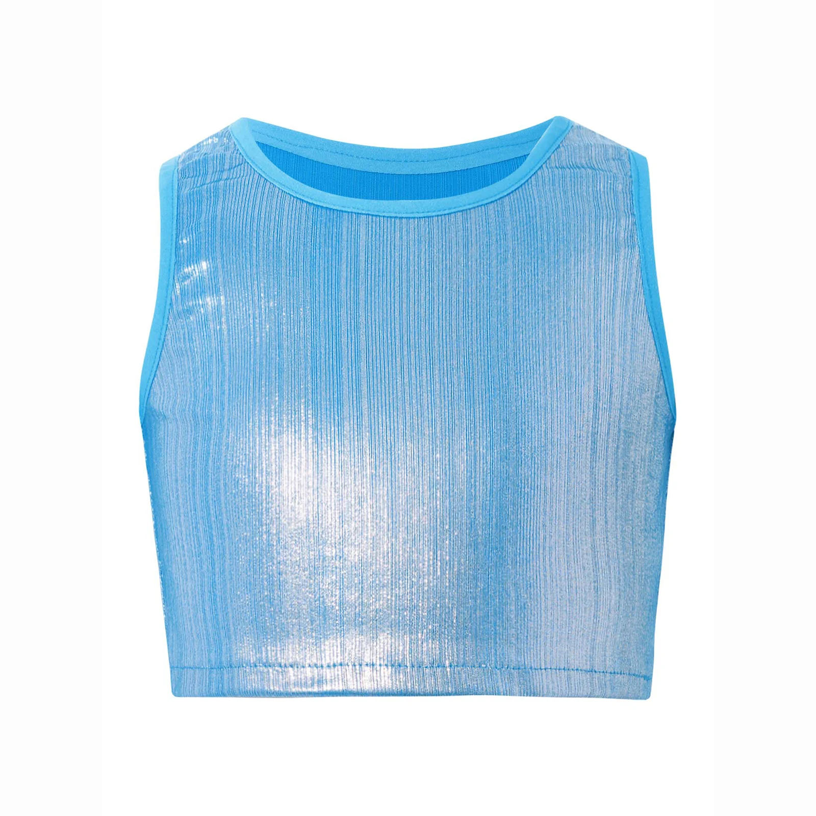 

Kids Girls Jazz Dance Top Round Neck Sleeveless Metallic Ribbed Vest Sleeveless Camisol Crop Top Stage Performance Costume