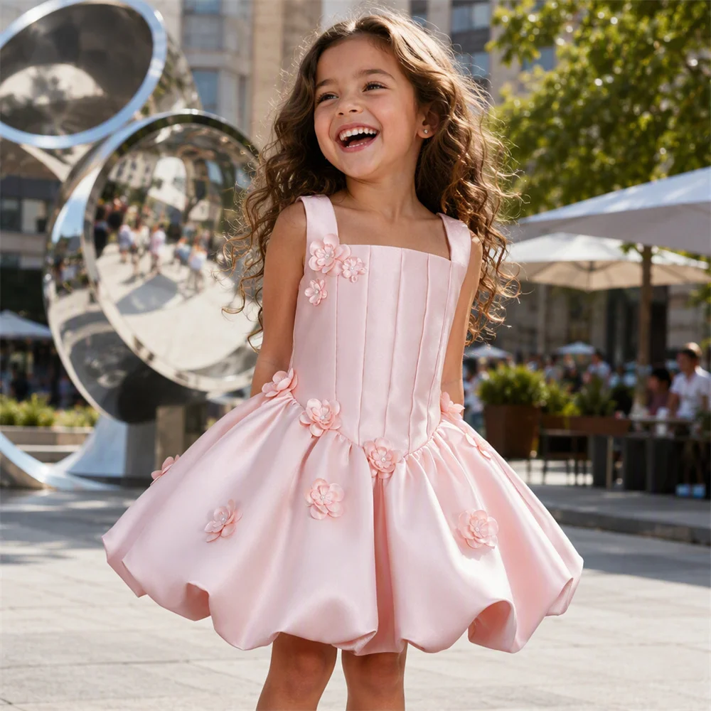 Baby Kids Princess Satin Flower Pearls Flower Girl Dress Children First Communion Dress Ball Gown Wedding Party Dress Birthday