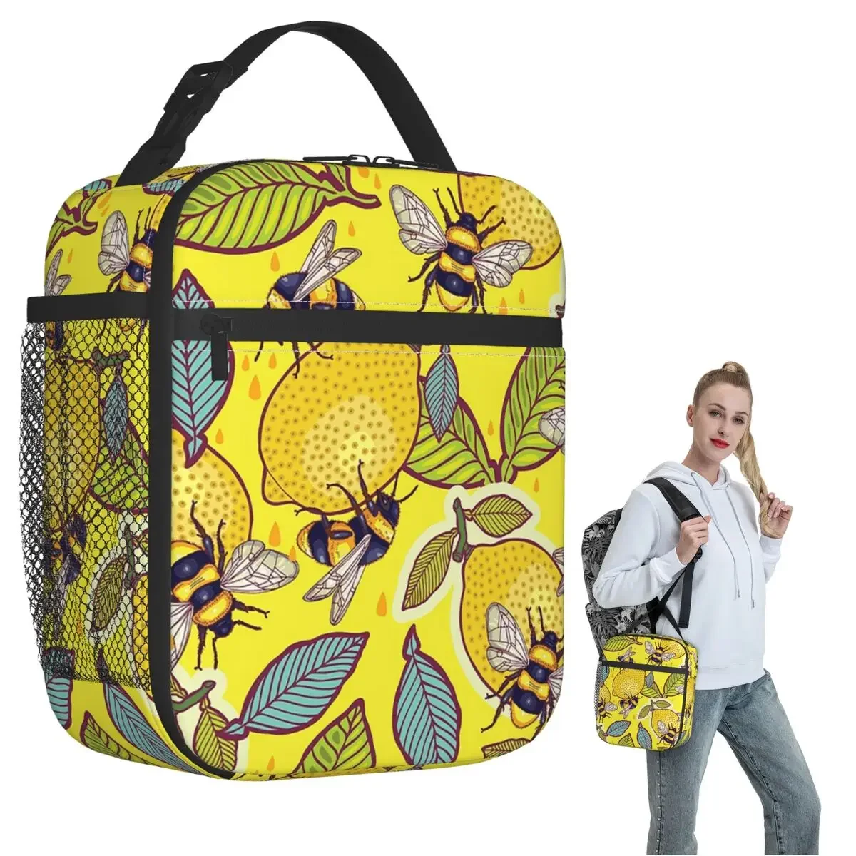 Yellow Lemon And Bee Garden Insulated Lunch Bag for Women Kids Portable Food Boxes Thermal Lunch Box Tote