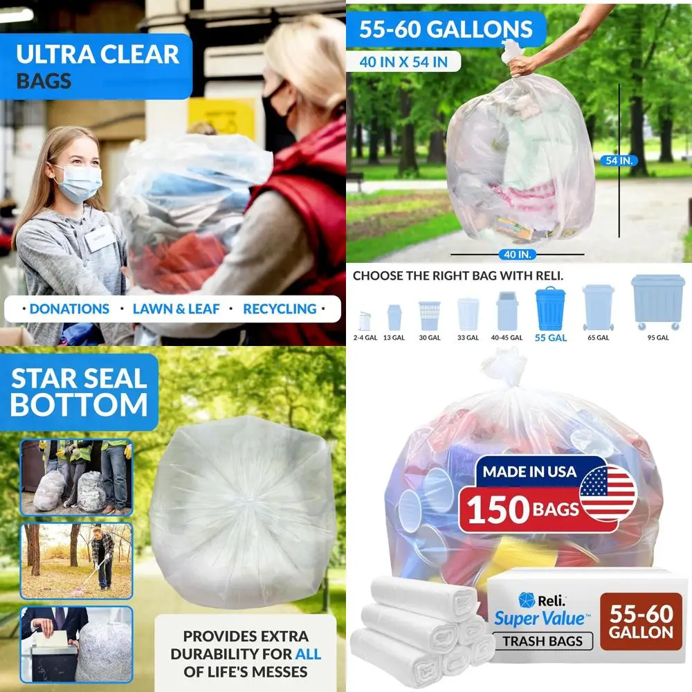 

High-Density Clear Trash Bags, 150 Count, 55-60 Gallon Capacity, Star Seal Design for Heavy-Duty Use