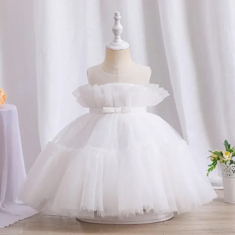 

12M Baby Girl Bow Tutu Gown Flower Girl White Dress for Wedding Infant Baptism Dresses Newborn One Year Birthday Party Outfits