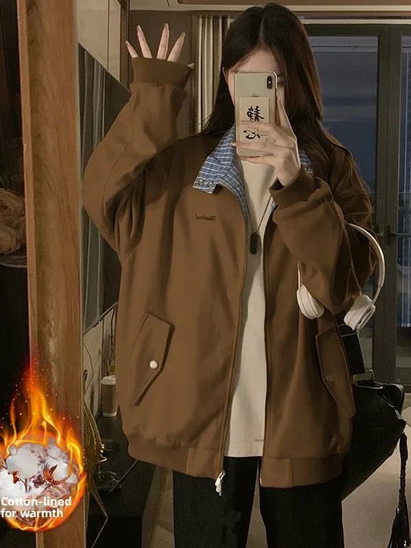 

Женская замшевая куртка в клетку больших размеров на хлопковой подкладке, повседневная бейсбольная одежда, осенне-зимняя верхняя одежда, пальто