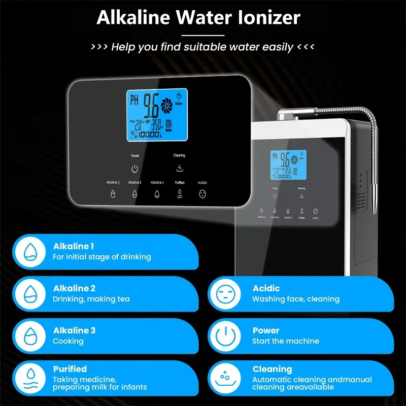 Kangen القلوية آلة المؤين المياه مولد الهيدروجين الحمض القلوي تصفية المياه التنظيف التلقائي LCD اللمس pH 3.2-10.7 ORP-650