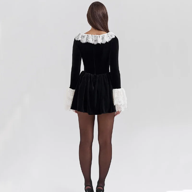 2024 New Womens Black Velour Mini Dress Franch Long Sleeve Slim Sexy Short Dress Lace Patchwork Old Money Prom Cocktail Dresses