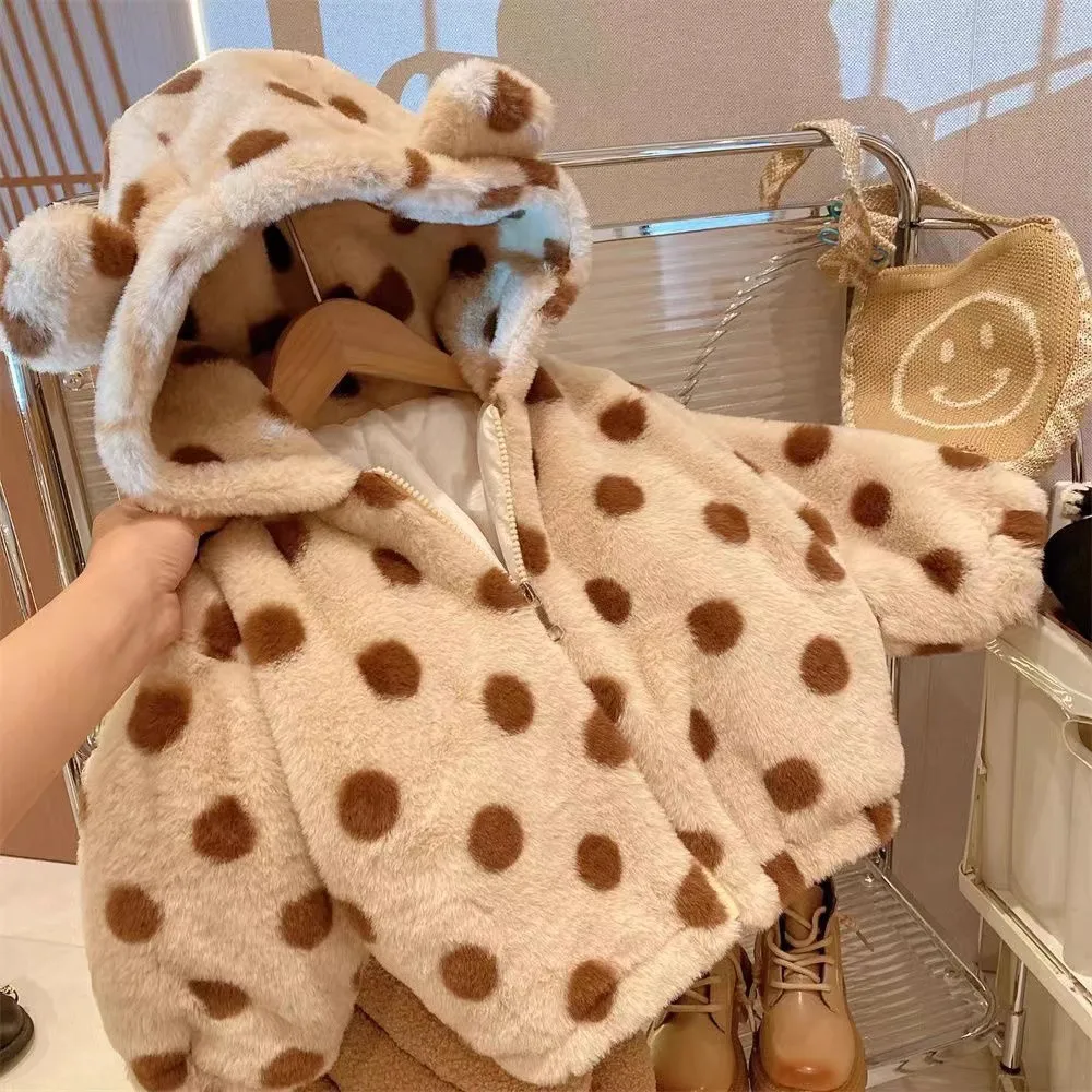 لطيف الدب أفخم الطفل سترة معطف جديد الخريف الشتاء الدافئة فو الفراء البولكا نقطة معطف للأطفال مقنعين سنوسويت الأطفال Ouertwear