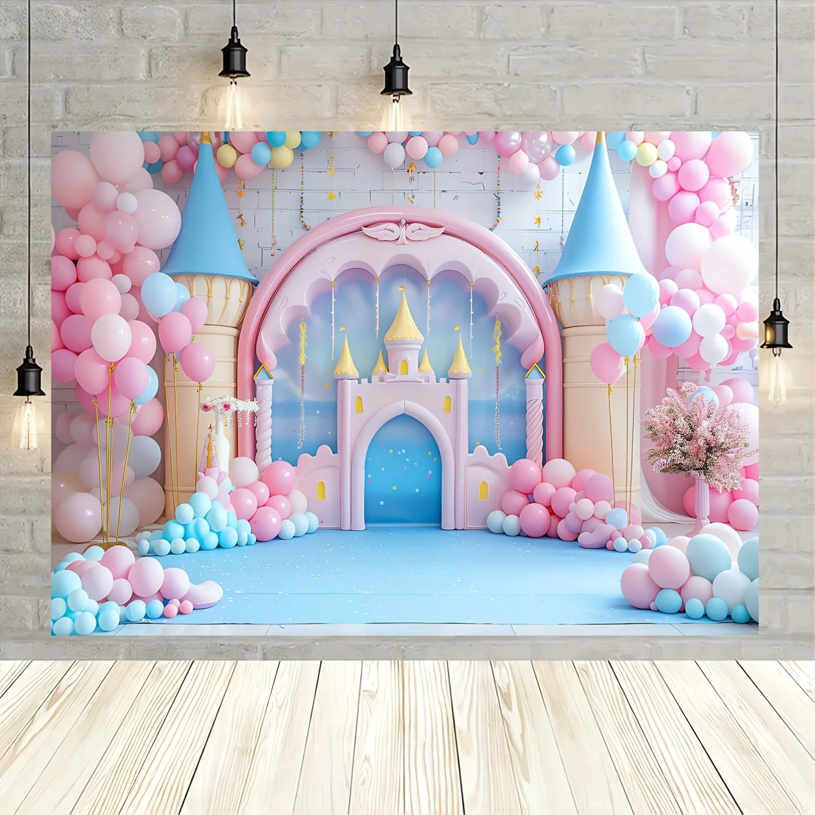 Fairy Tale Castle & Floral Balloon Photography Backdrop - Versatile Polyester Background for Birthdays, Weddings, Showers