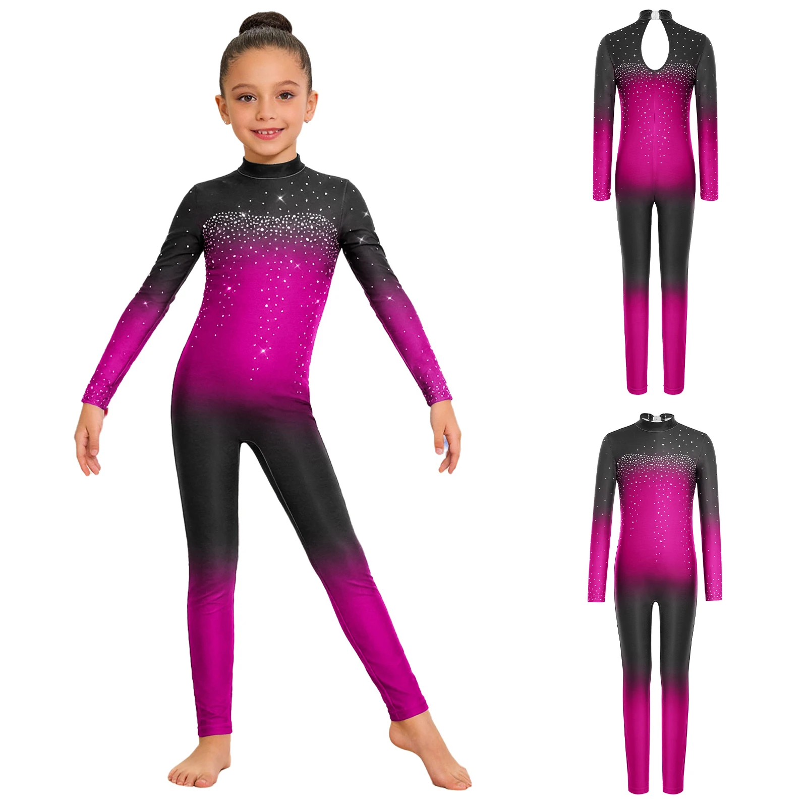

Kids Girls Artistic Gymnastics One-piece Jumpsuit for Ballet Figure Skating Long Sleeve Rhinestones Full Body Unitards Bodysuit