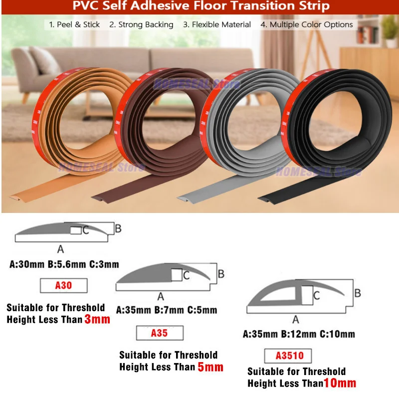 1M Soft PVC Self Adhesive Floor Transition Strip Carpet Edging Trim Flooring Threshold Transition Sealing Strips Fit 3~10mm Gaps