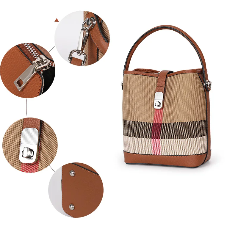 New canvas paired with cowhide women\'s shoulder crossbody bag, fashionable plaid pattern bucket bag