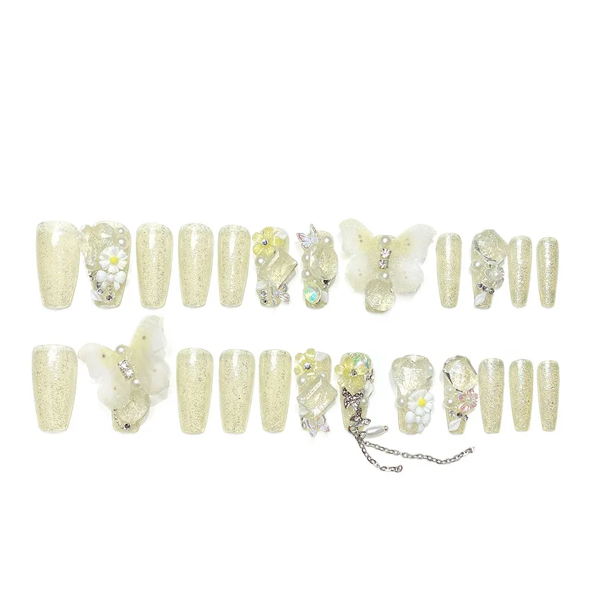 24 Stück leichte, luxuriöse künstliche Nagelspitzen, hellgelb, mittellange Sarg-Kunstnägel mit großen Butterly-Blumen-Designs, zum Aufdrücken der Nägel