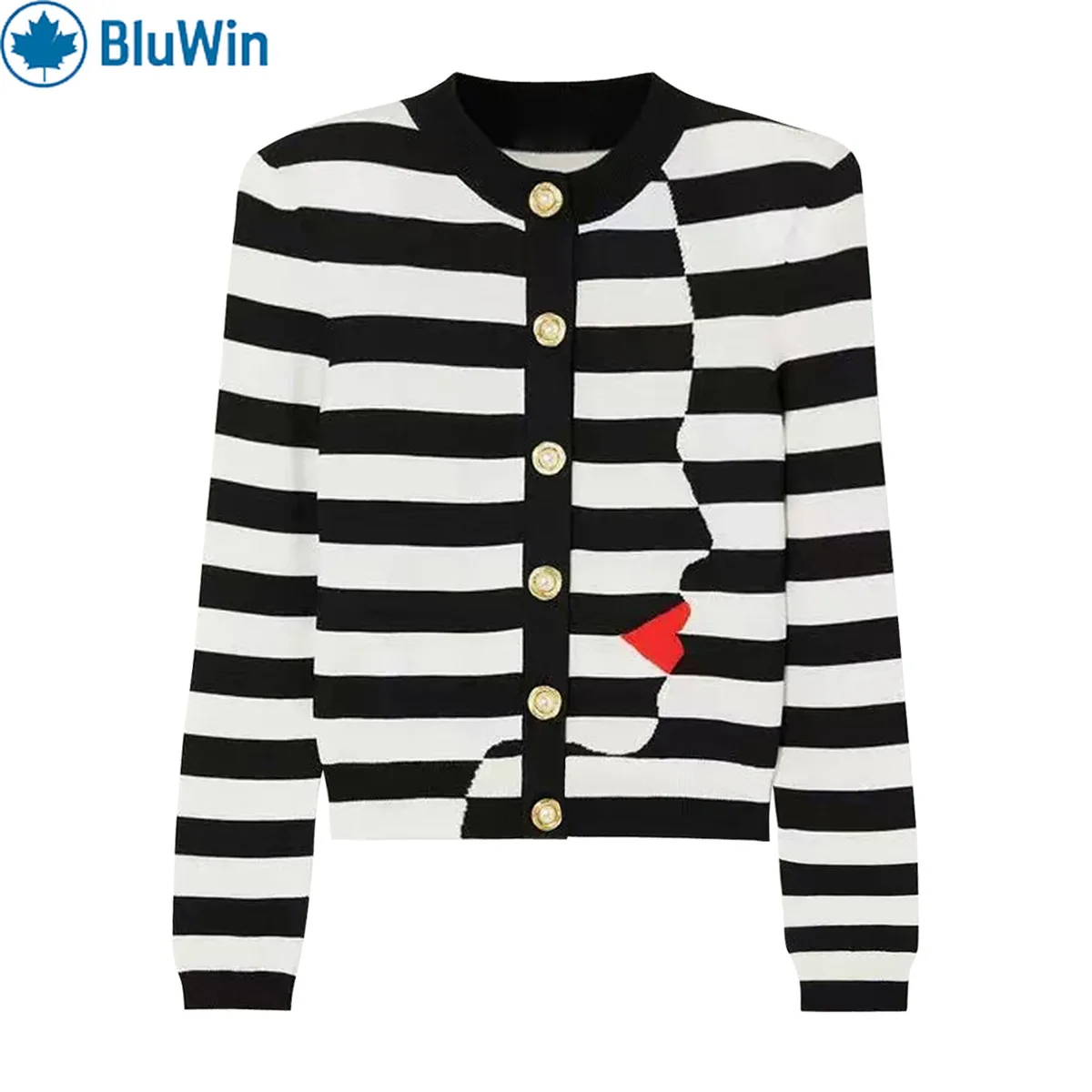 BluWin Striped Art Face Cardigan Women - Crew Neck Gold Buttons Black White Knit Sweater Red Lips Pattern Chic