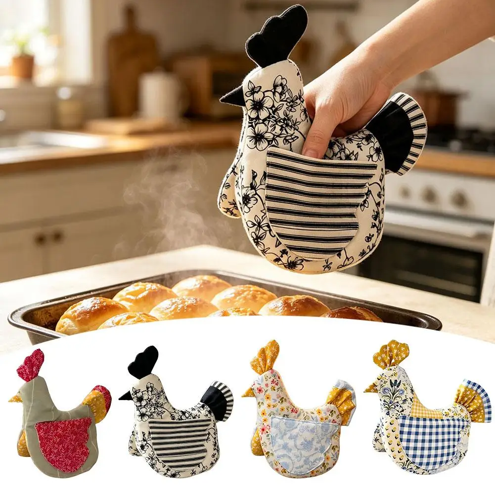 Handmade Hen Shaped Oven Mitt & Pot Holder Set Heat Resistant Kitchen Glove and Hot Pad Cooking Accessory for Baking, Kitchen De