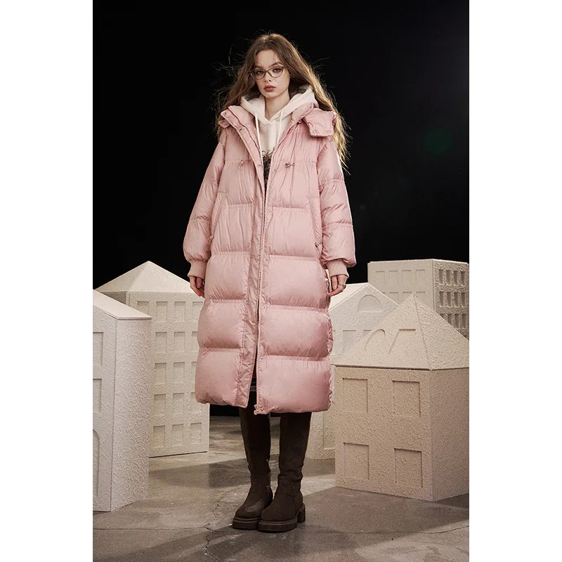 ELFSACK Minimalist Long Solid Color Zippered Hooded Down Coat For Woman