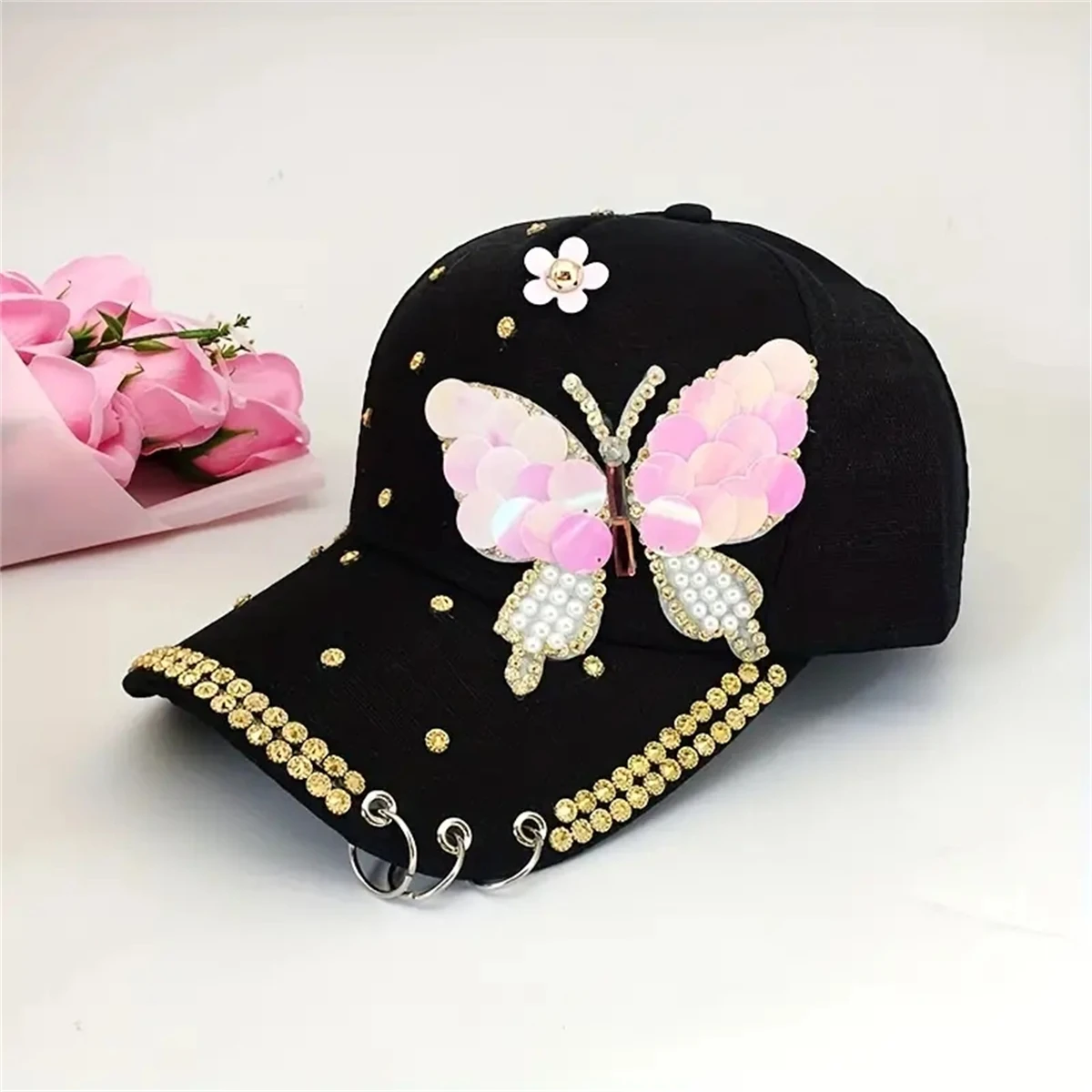 New Ladies Sun Visor Hat Pearl Bow breathable mesh hat baseball cap fashion tie-in diamond cap