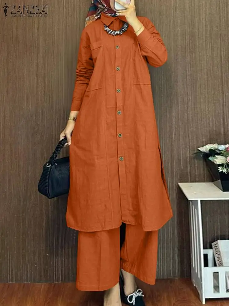

Women Fashion Matching Sets ZANZEA Muslim Abaya Suit Vintage Long Shirt Wide Leg Pant Sets IsIamic Tracksuit Eid Mubarek Outfits