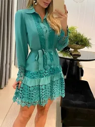 For Women Casual White Dress New Autumn Fashion Sexy Lace Hollow Solid Shirt Mini Dresses Long Sleeve Holiday Party Robe Femme