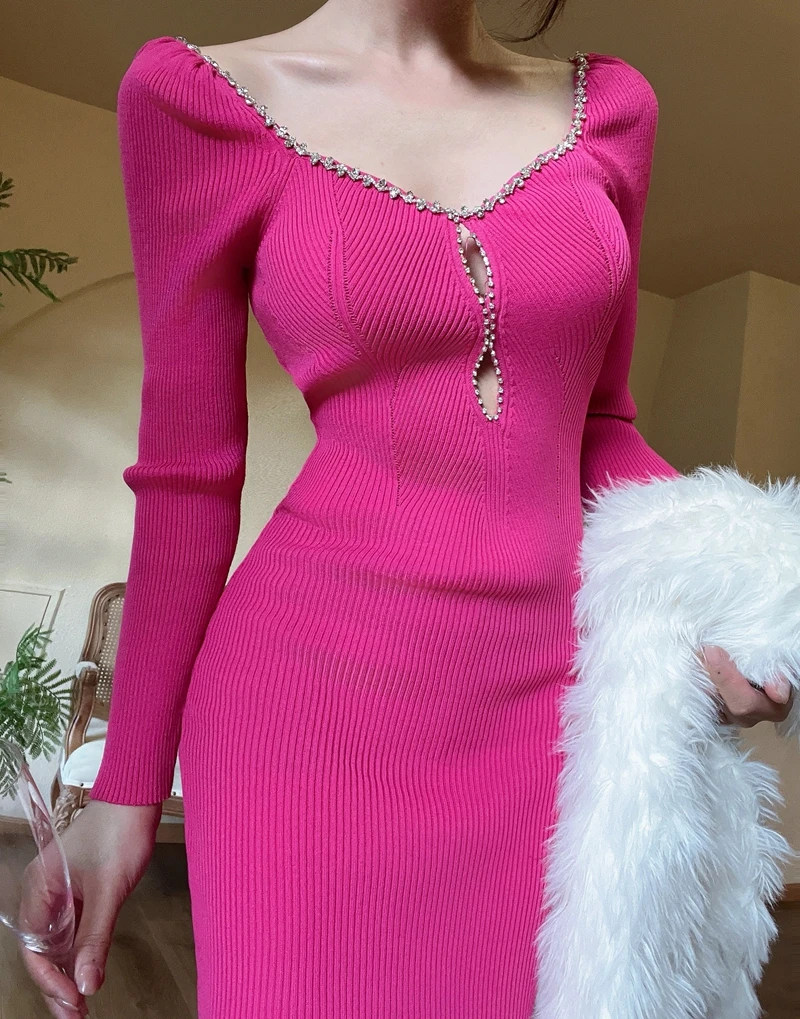 春の女性用高級ダイヤモンドVネックニットスリムパーティードレスヴィンテージエレガントファッション長袖セクシーボディコンドレス女性用