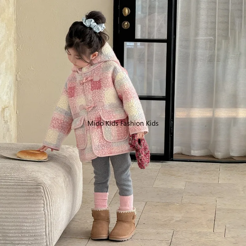 1-12Y Kids Winter Coat Girls Wool Blend Jacket Warm Faux Fur Lined Outerwear Fashionable Toddler Clothes 90-140cm