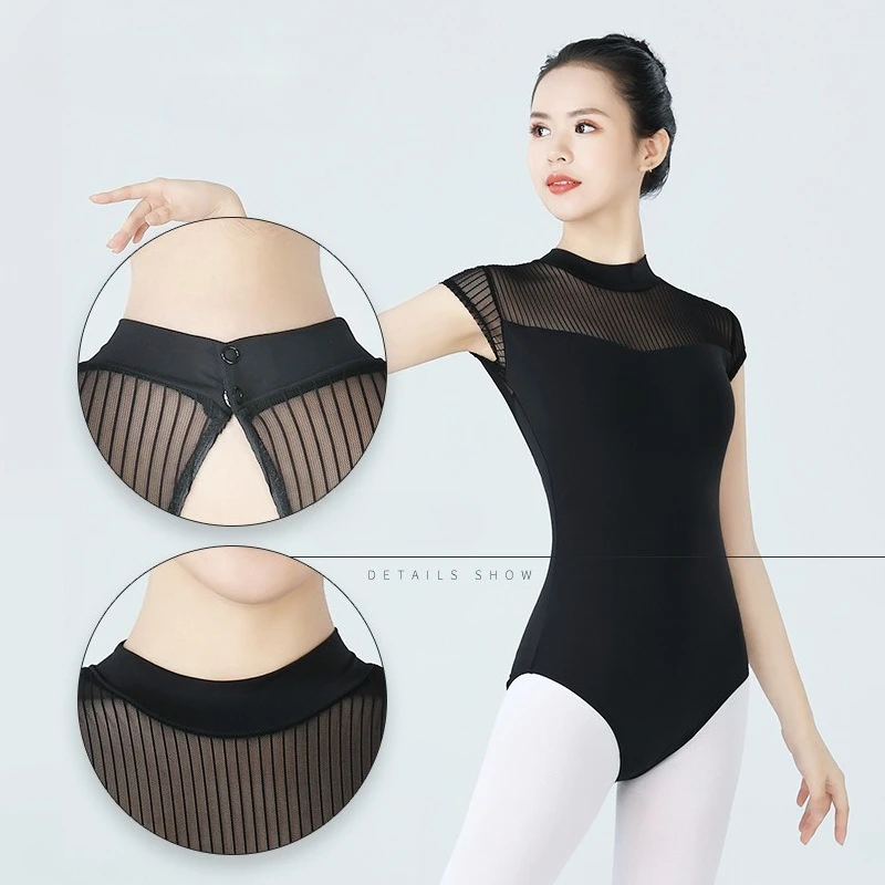 بدلة باليه مخصصة للتمرين بدون أكمام وياقة واقفة يوتار للبالغين لامتحان فني متقاطع عالي زي رقص شيربين الصيني