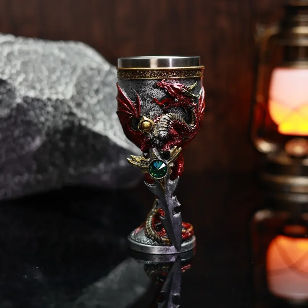 Flying Dragon Sword Goblet Stainless Steel Insert Wine Glass Drachen Fantasy Cross Sword Sea Blade Flame Blade Chalice