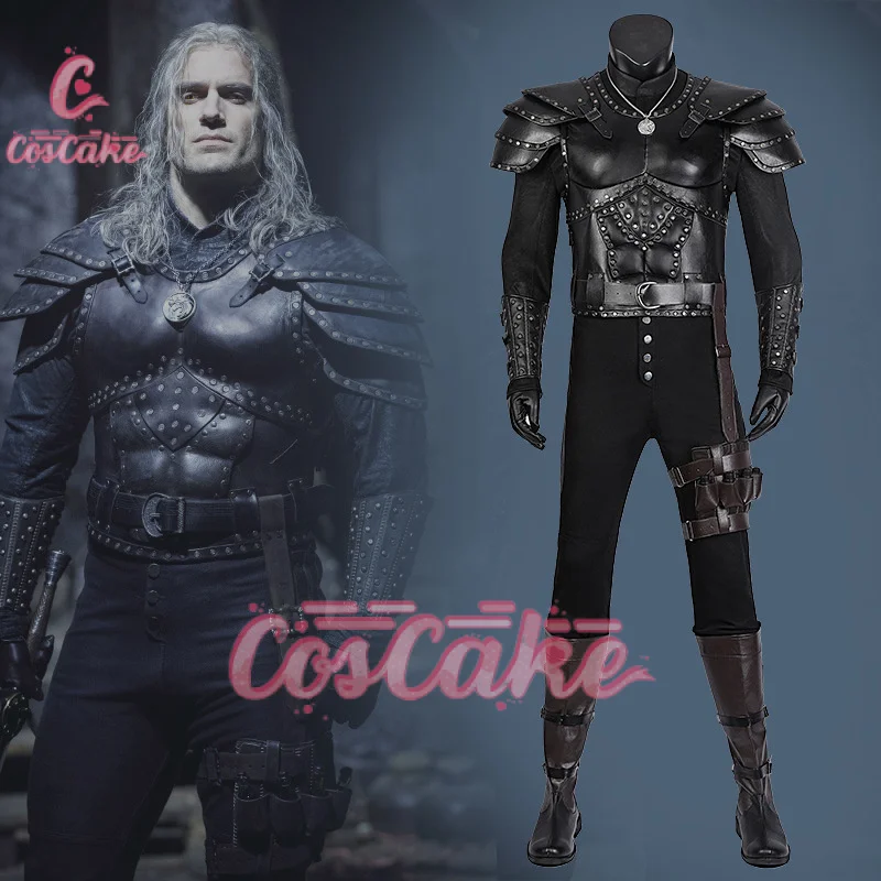 Men Witcher Cosplay Costume Adult Super hero Wizard Armour Outfit Black Leather Sorcerer Hunter Suit Halloween Carnival Costumes