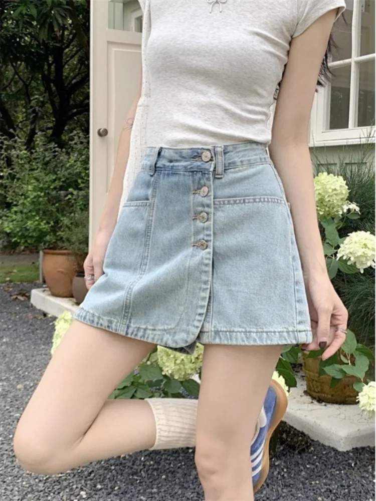 Blauer Jeansrock für Damen, ort Hose, hohe Taille, elastische Taille, Knopfleiste, Anti-Exposition, A-Linie, f-lange Röcke