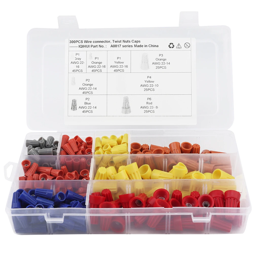 

300Pcs Electrical Wire Connectors Spring Insert Terminals Reusable Screw Caps for Various Gauge Wires Installation Kit